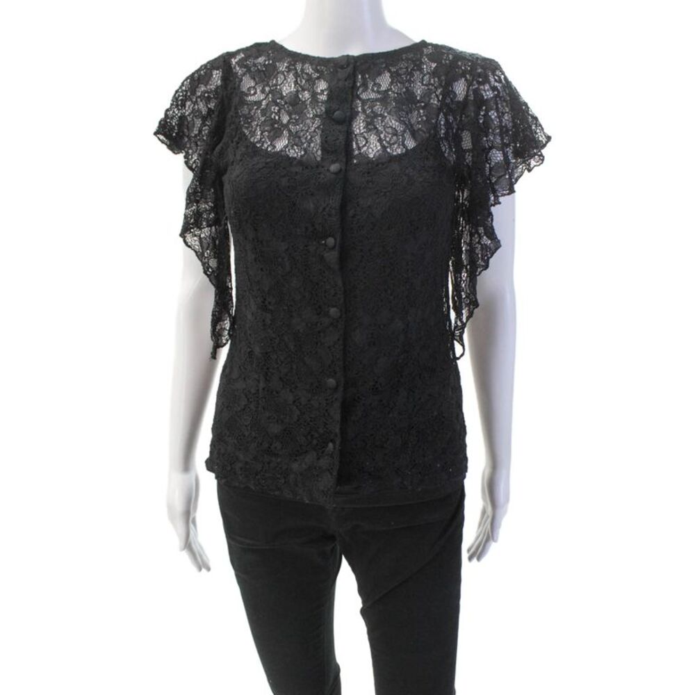 David Meister Womens Cotton Short Sleeve Scoop Neck Lace Top Black Size 08